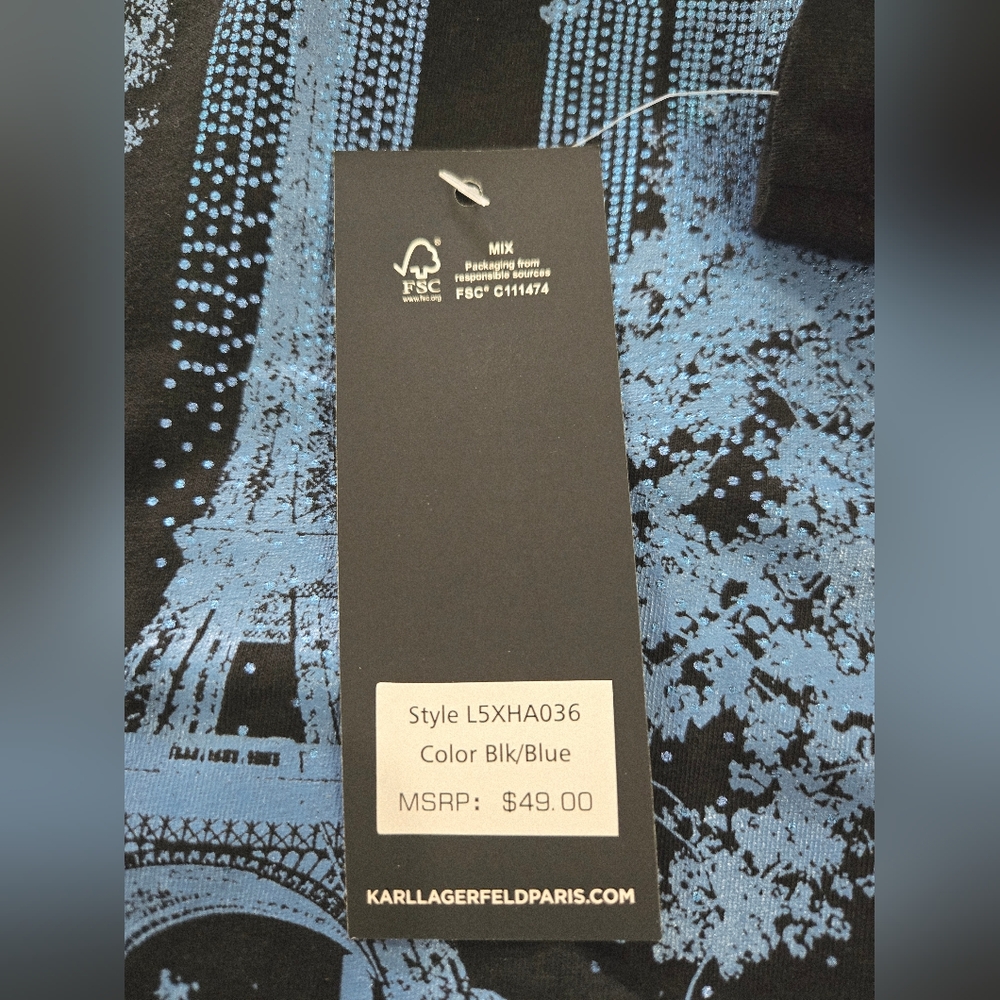 Karl Lagerfeld Paris Black T-Shirt with Blue Graphic Medium & Large NEW - Picture 7 of 15